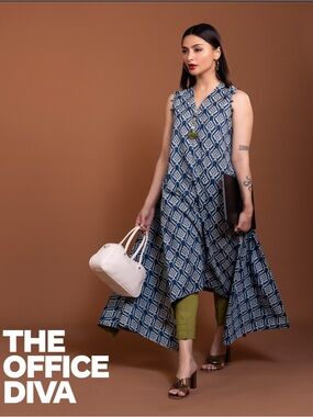 Khaadi Blue Geometric Sleeveless Flow Dress